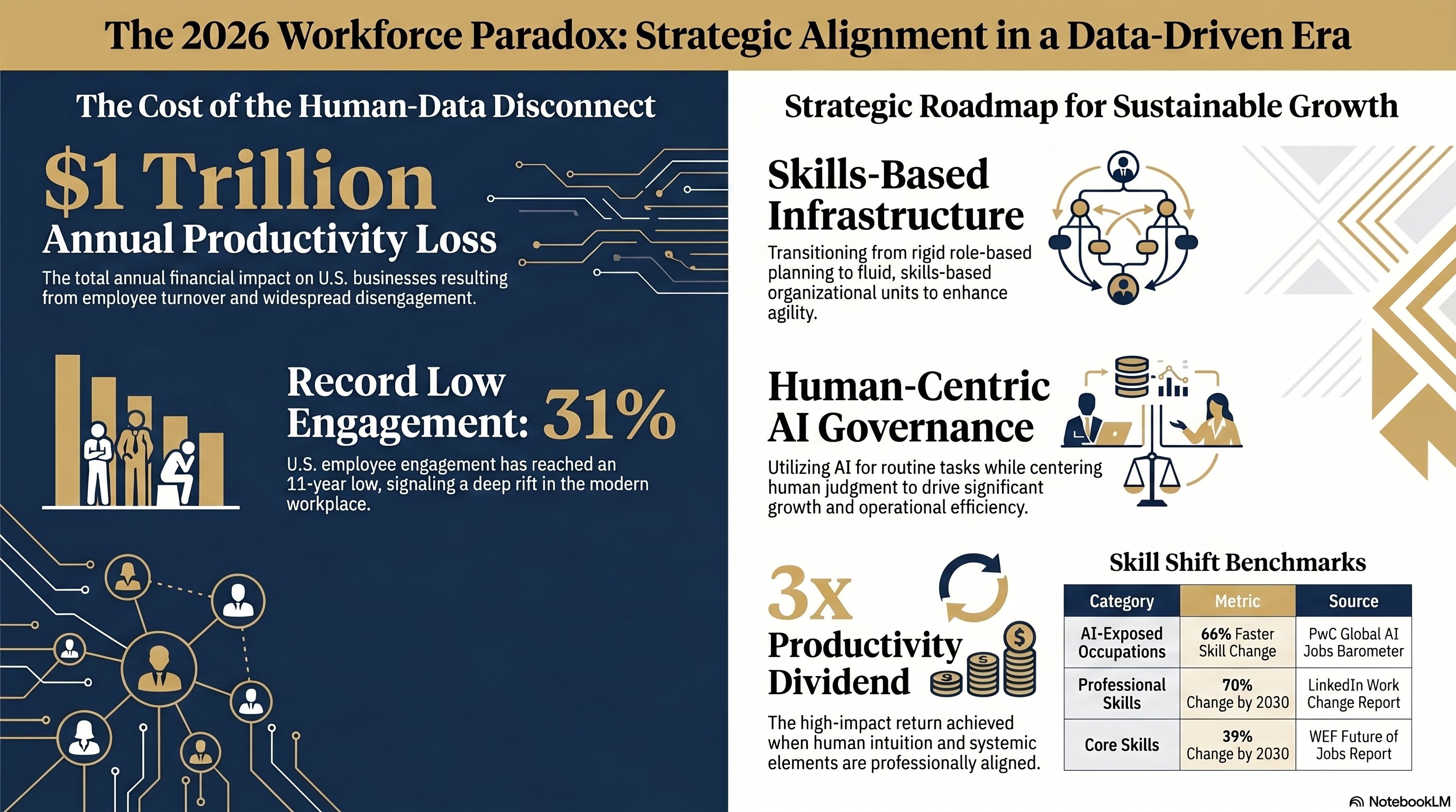 The 2026 Workforce Paradox: Strategic Alignment in a Data-Driven Era — showing $1 trillion annual productivity loss from turnover and disengagement, 31% U.S. employee engagement at an 11-year low, 39% core skill evolution by 2030, and a strategic roadmap for sustainable growth including skills-based infrastructure and human-centric AI governance.